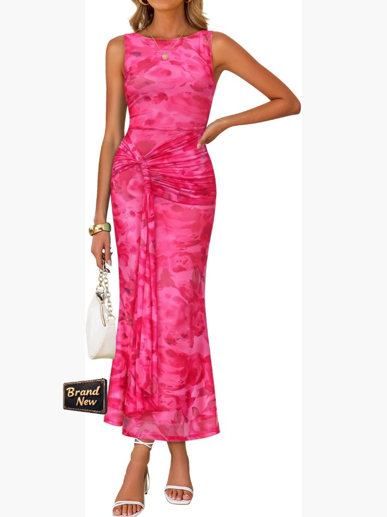 Sleeveless Bodycon Maxi Dress Ruched Sexy Crewneck Summer Cocktail Party